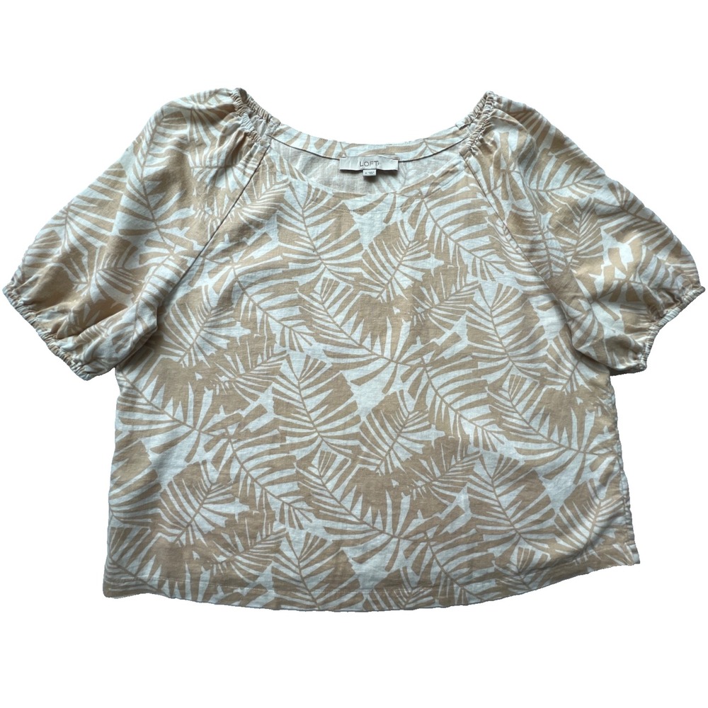 LOFT Blouse Linen Blend Palm Print Top Puff Sleeve Cream Tan Women M Tropical